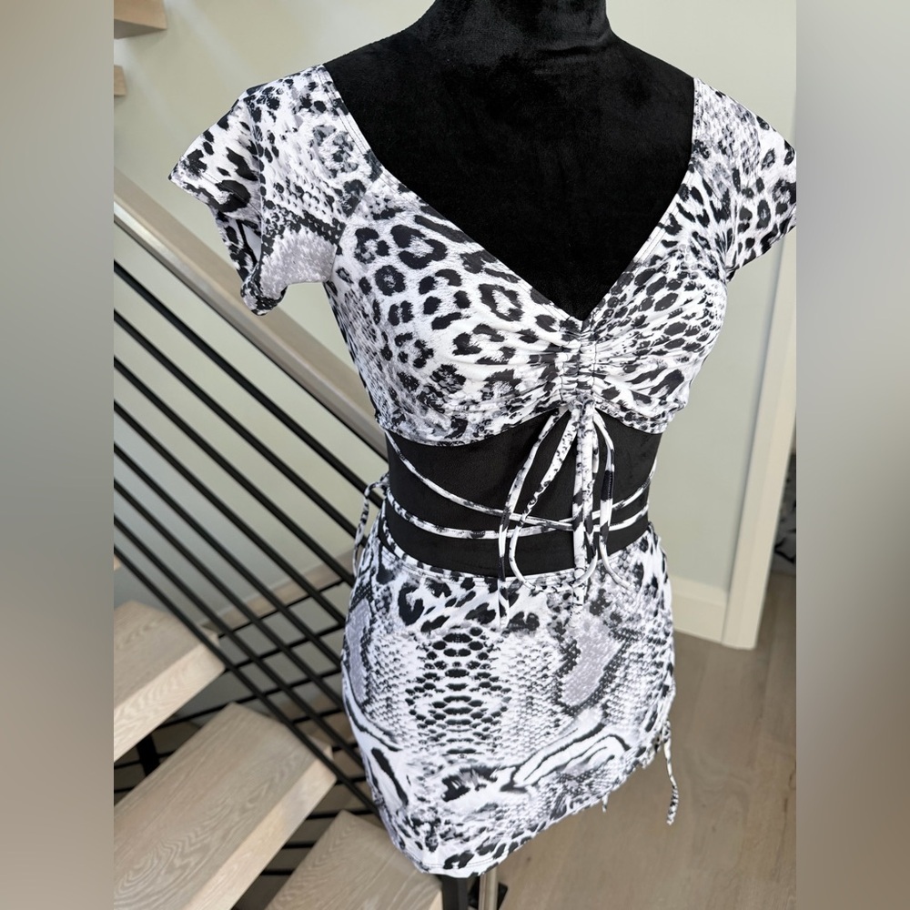New Snake Print Off-Shoulder 3 piece Swimsuit Swimwear Bikini Beach Set size S - Picture 3 of 7